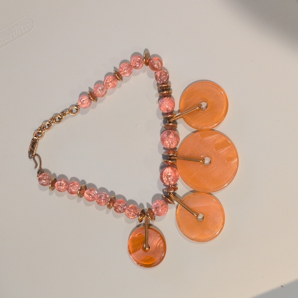 Vintage Estate Signed YSL Yves Saint Laurent Salmon Lucite Disc Necklace RARE